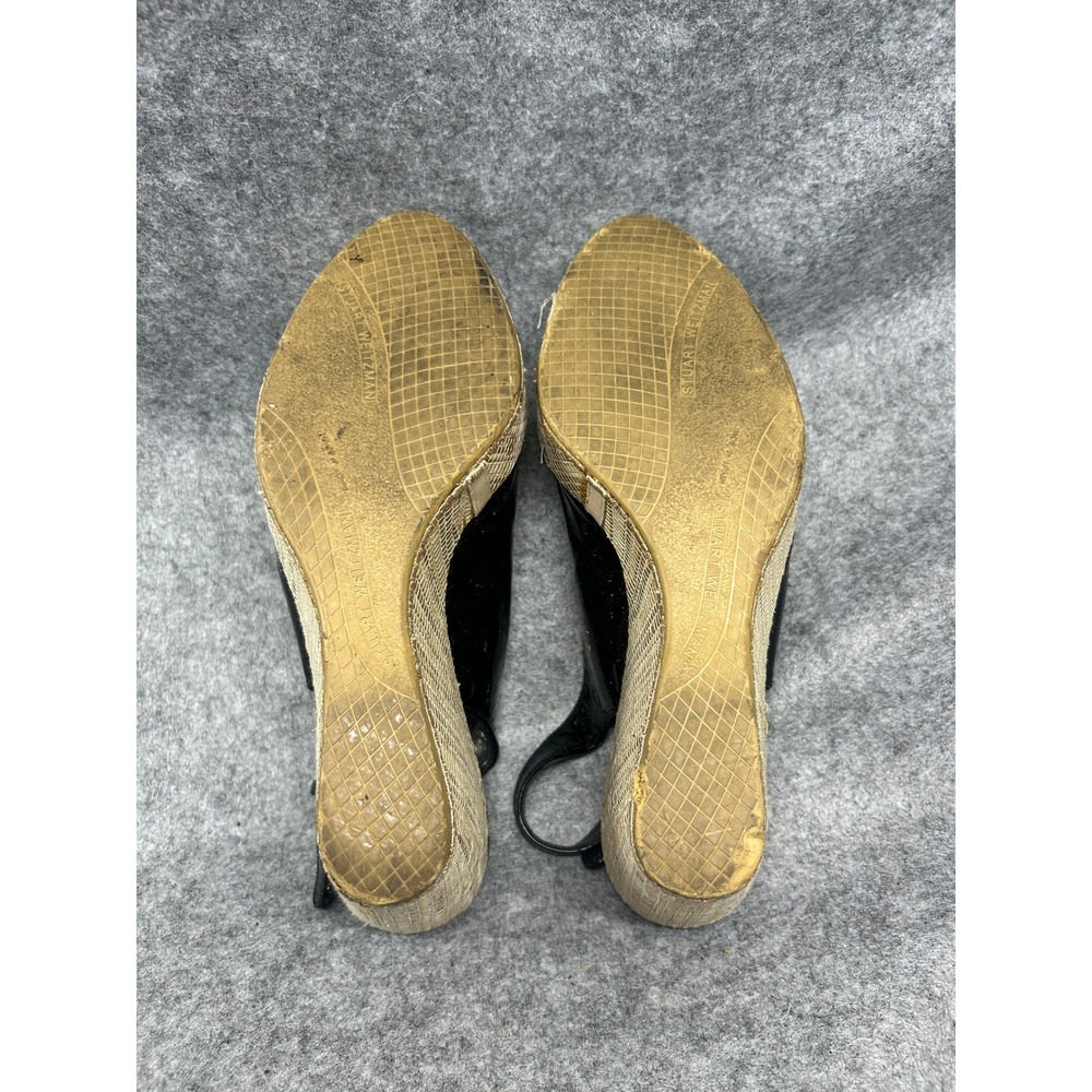 Stuart Weitzman Womens Slingback Wedge 8 Black Patent Leather Bamboo Detail - Picture 2 of 8
